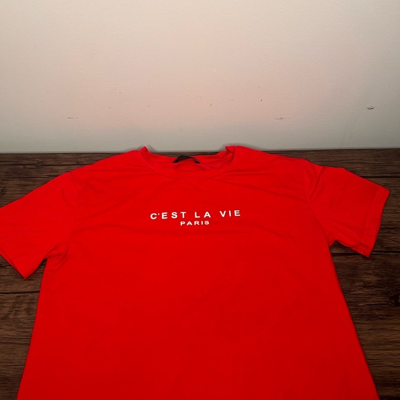 SHEIN T SHIRT WOMENS SMALL RED SOLID WHITE LOGO - Picture 1 of 3
